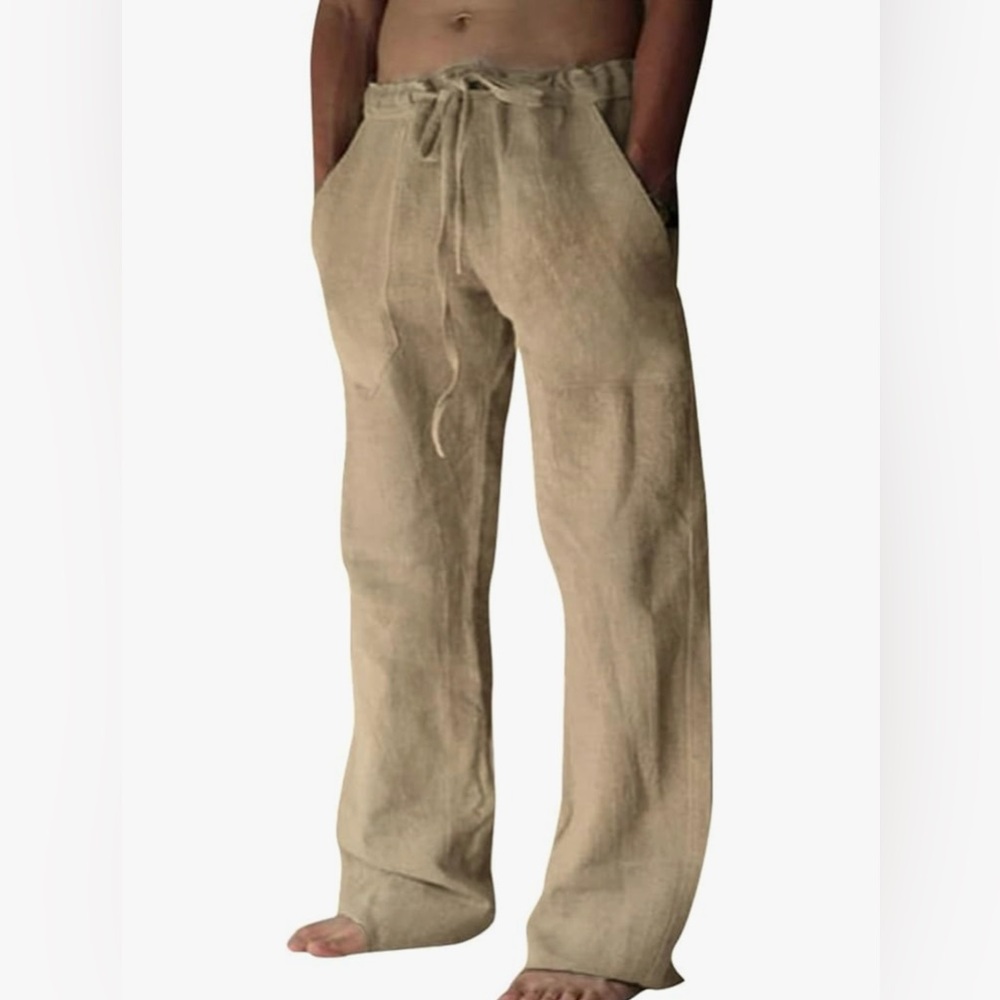PUIMENTIA MENS COTTON LINEN PANTS CASUAL LOOSE FITTING CAFE - 2X